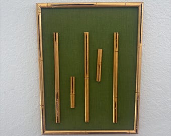 Vintage Eaton Originals Magnetic Photo Board, Faux Bamboo Frame, Green Linen Memo Board, Hollywood Regency Wall Decor, 12 x 10