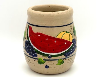 Vintage Paul Storie Pottery Crock, Hand Painted Fruit, Marshall Texas Stoneware, Watermelon Crock