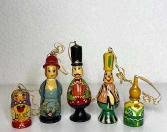 Vintage Russian Style Wooden Christmas Ornaments Set of 5