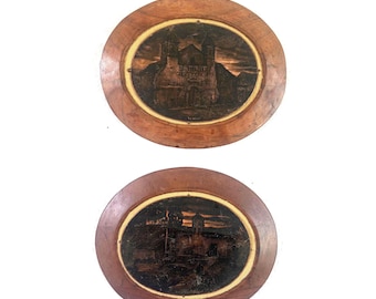 Vintage Mexican Copper Plaques, El Belén El Consuelo Architectural Scenes Wood Mounted Wall Art