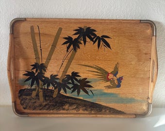 Vintage Made in Japan Serving Tray, Bamboo & Pheasant, Mid Century, Art Deco, Asian Decor