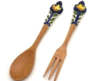 Vintage Wooden Salad Serving Set, Hand Painted Ceramic Handles, Blue Floral Salad Tongs, Cottagecore Kitchen Decor