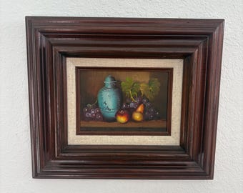 Vintage Original Still Life Painting, Framed Fruit & Blue Ginger Jar, Signed Original Artwork, Traditional Cottage Decor