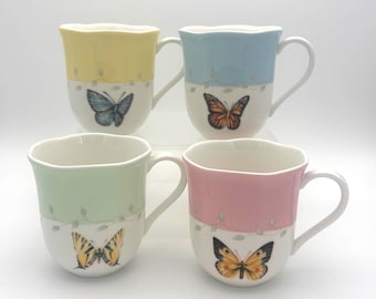 Lenox Butterfly Meadow Colors Mugs Set of 4 | New Old Stock in Original Box | Pastel Butterfly Coffee Cups
