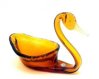 Vintage Viking Glass Duck Dish, Golden Honey Glass Bird Bowl, Mid Century Modern MCM Decor, Viking Epic Line, Trinket Dish