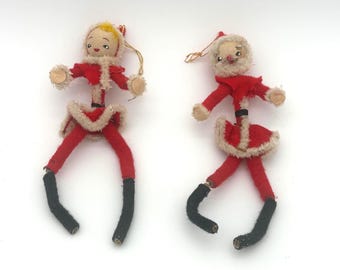 Vintage Made in Japan Santa and Elf Knee Hugger Ornaments, Set of 2