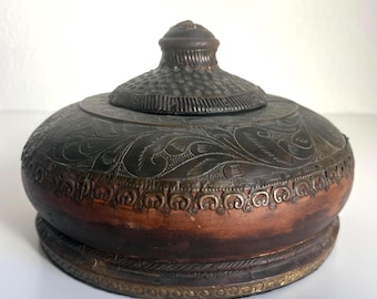 Vintage Embossed Metal & Wood Lidded Box | Handcrafted Decorative Container