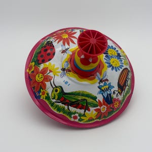 Vintage Tin Spinning Top Toy, Colorful Bug Garden Spinner, Retro Nursery Decor