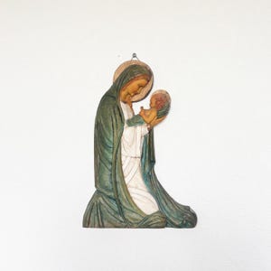 Vintage Carved Wood Virgin Mary and Baby Jesus Wall Hanging