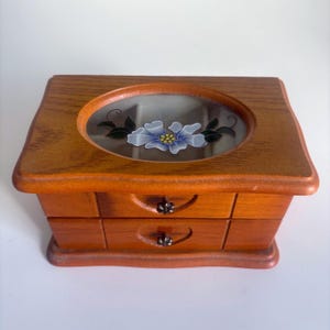 Vintage Wooden Jewelry Box with Floral Glass Lid: Heart Drawer Detail, Two-Tier Storage