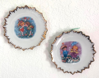 Vintage Made in Japan Wall Plates, Pair of Porcelain Hanging Plates, Gold Trim Nursery Decor