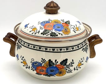 Vintage ASTA Old Amsterdam Enamel Dutch Oven, Floral Enamelware Casserole Pot with Lid, West Germany Cookware, Brass Handles, Retro Kitchen