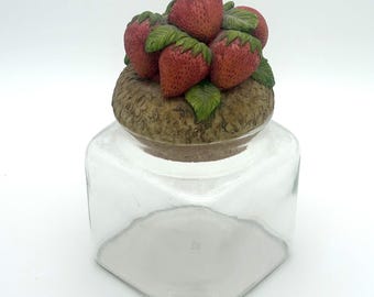 Vintage Strawberry Glass Canister, Strawberry Lid, Kitchen Storage Jar