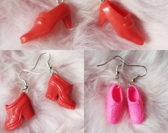 Red and Pink Barbie Shoe Earrings, Upcycled Toys