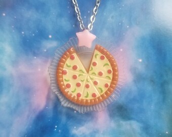 Pizza Party Pendant Necklace with Pink Star Bead, Upcycled Toy