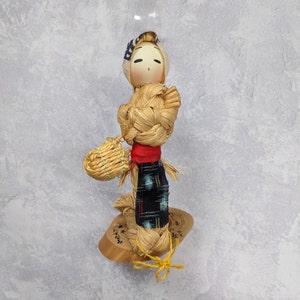 Vintage Kokeshi Doll Unique Woven Straw Woman Figurine Carrying Basket Wooden Base Japan