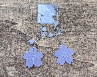 CHEERY CHERRY BLOSSOM Wisteria Purple Acrylic Engraved Cherry Blossom Dangle Earrings with Floral Glass Accents & Sterling Silver Ear Wire