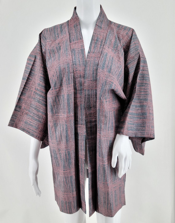 Vintage Japanese Haori - Pink Gray Striped Patter… - image 1