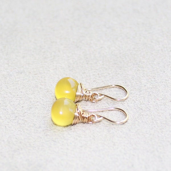 Dainty Yellow Chalcedony Earrings, 14K Gold Filled, Small Gemstone Earrings, Little Dangle Earrings, Minimalist Jewellery, Gift for Her