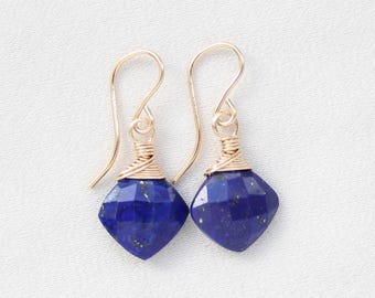 Natural Lapis Lazuli Earrings: 14K Gold Filled / Sterling Silver, Blue Gemstone Cushion Drop