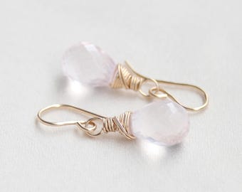 Natural Rose Quartz Earrings: 14K Gold Filled / Sterling Silver, Light Pink Gemstone Drop