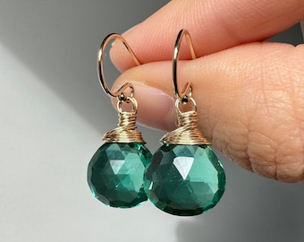 Emerald Green Quartz Earrings: 14K Gold Filled or Sterling Silver, Dainty Dangle