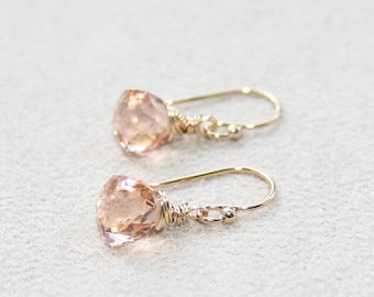 Morganite Pink Quartz Earrings, 14K Gold Filled or Sterling Silver, Dainty Stone Earrings, Faceted Trillion Drop, Minimalist, Gift for Her