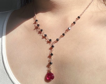 Rubellite Pink Quartz and Black Spinel Necklace in 14K Rose Gold Filled, Fuchsia Pink and Black, Feminine Chic Y Necklace, Gift for Her