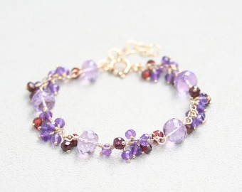 Amethyst and Garnet Bracelet, 14K Gold Filled, Purple Gemstone Bracelet, February and January Birthstone Jewellery, Unique Gift for Women