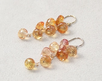 Padparadscha Sapphire Cluster Earrings, 14K Gold Filled, Simulated Orange Sapphire, Grape Drop Earrings, Gemstone Jewellery, Gift for Her