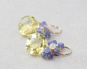 Lemon Quartz Earrings with Tanzanite and Ethiopian Opal, 14K Gold Filled Cluster Earrings, Yellow and Blue Gemstone Jewellery, Gift for Her