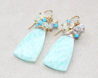 Amazonite with Ethiopian Opal and Turquoise Earrings, 14K Gold Filled, Natural Gemstone Cluster Earrings, Unique Earrings, Gift for Her
