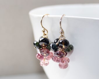 Tourmaline Earrings, 14K Gold Filled, October Birthstone, Natural Gemstone Cluster Earrings, Elegant Gift for Her