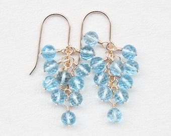 Swiss Blue Topaz Cluster Earrings: 14K Gold Filled, November Birthstone, Natural Gemstone