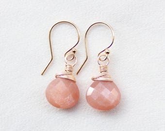 Peach Moonstone Earrings: 14K Gold Filled or Sterling Silver, June Birthstone, Orange Gemstone