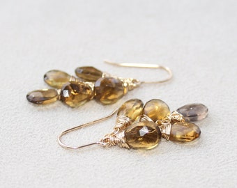 Beer Quartz Earrings, 14K Gold Filled, Natural Gemstone Cluster Earrings, Elegant Jewellery, Brown Pear Drop Earrings, Gift for Her