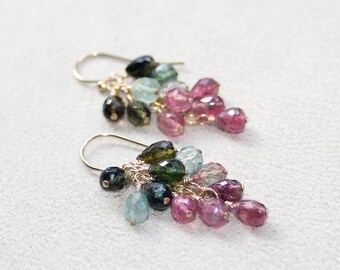 Natural Tourmaline Earrings, 14K Gold Filled, October Birthstone, Multi Colour Gemstone Earrings, Elegant Gift for Women