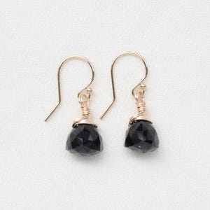Schwarzer Onyx Trillion Ohrringe: 14K Gold Filled oder Sterling Silber, zierlicher Edelstein Anhänger