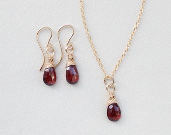 Dainty Garnet Earrings and Necklace Set: 14K Gold Filled, Natural Red Gemstone, January Birthstone