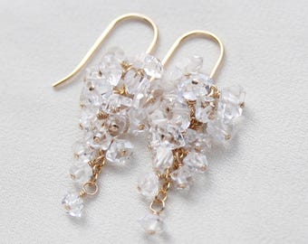 Herkimer Diamond Quartz Cascade Earrings: 14K Gold Filled, Clear Gemstone, April Birthstone