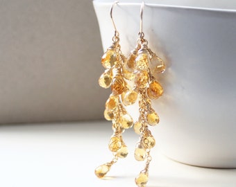 Citrine Earrings, 14K Gold Filled or Sterling Silver, Natural Yellow Gemstone Cluster Earrings, Long Drop Earrings, Elegant Gift for Her