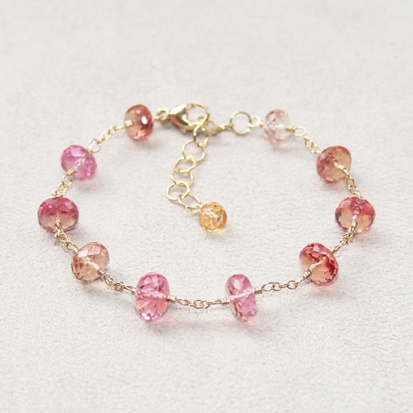 Padparadscha Sapphire Beaded Bracelet, 14K Gold Filled, Simulated Pink Orange Sapphire, Gemstone Bracelet, Handmade Jewellery Gift for Her