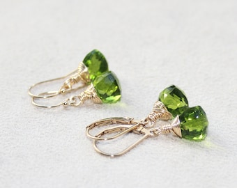 Dainty Peridot Green Quartz Earrings: 14K Gold Filled Trillion Drop