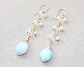 Larimar natural con pendientes largos de piedra lunar y perla, relleno de oro de 14 quilates, pendientes de piedra del delfín, pendientes de mar y cielo, regalo para ella