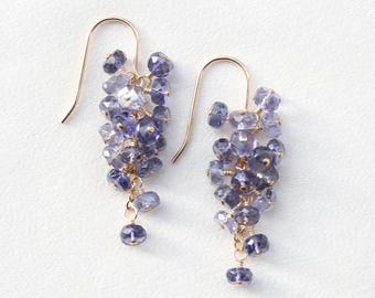 Könnte beinhalten: Ein Paar Ohrhänger mit Clustern aus kleinen, facettierten, durchscheinenden violett-blauen Edelsteinen, die an dünnen goldfarbenen Metallhaken hängen. Jeder Ohrring besteht aus mehreren winzigen Perlen in einer kaskadierenden Form.