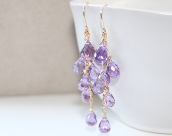 Pink Amethyst Earrings in Gold or Silver, Natural Gemstone, February Birthstone, Lavender Lilac Purple Drop Cluster Earrings, Gift for Her