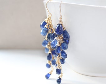 Natural Kyanite Earrings, 14K Gold Filled or Sterling Silver, Blue Gemstone Cluster Earrings, Long Drop Earrings, Elegant Gift for Her