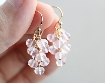 Rose Quartz Earrings, 14K Gold Filled or Sterling Silver, Elegant Light Pink Quartz Cluster Earrings, Dainty Jewellery Gift for Her