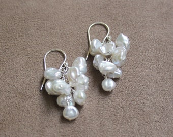 Cluster Pearl Earrings, Baroque Pearl Cluster Earrings, Keshi Pearl Jewellery, Sterling Silver or 14K Gold Filled, June Birthstone Earrings