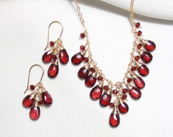 Red Garnet Necklace and Earrings Set: 14K Gold Filled Gemstone Jewelry, January Birthstone